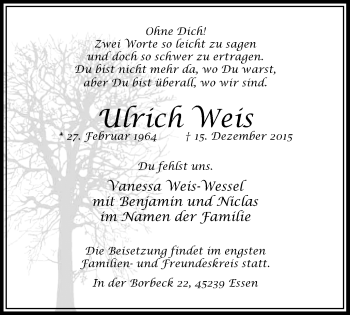 Traueranzeige von Ulrich Weis von Werden Kurier