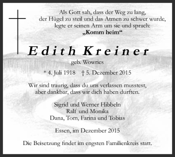 Traueranzeige von Edith Kreiner von West Anzeiger Essen