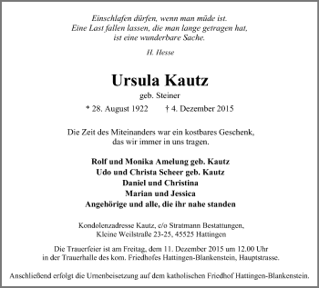 Traueranzeige von Ursula Kautz von Stadtspiegel Hattingen/Niedersprockhövel