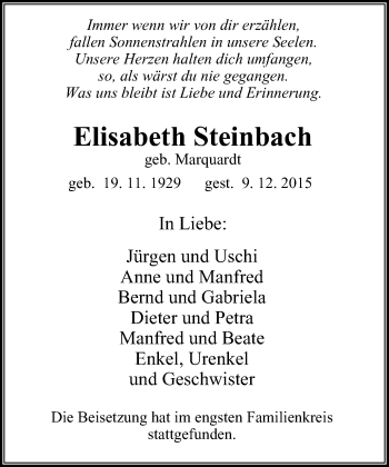 Traueranzeige von Elisabeth Steinbach von Wochen-Anzeiger Oberhausen