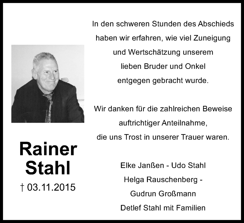 Traueranzeige für Rainer Stahl vom 23.12.2015 aus Wochen-Anzeiger Oberhausen