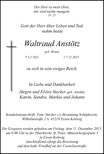 Traueranzeige von Waltraud Anstötz von Kettwig Kurier