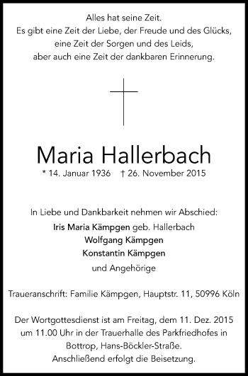 Traueranzeige von Maria Hallerbach von Stadtspiegel Bottrop