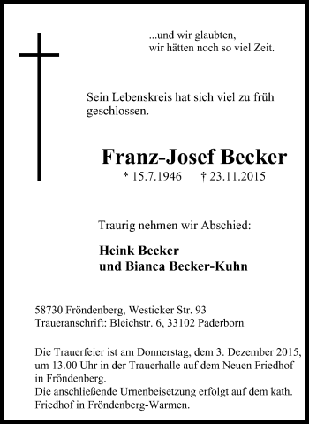 Traueranzeigen von FranzJosef Becker TrauerinNRW.de