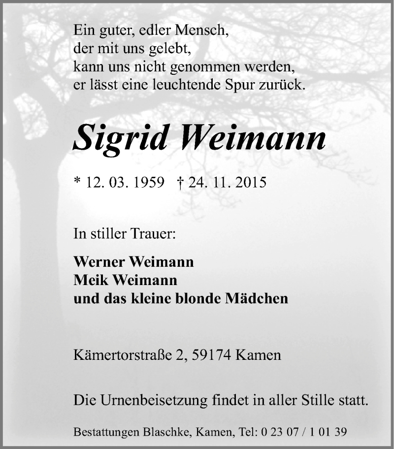  Traueranzeige für Sigrid Weimann vom 02.12.2015 aus Stadtspiegel Kamen + Unna