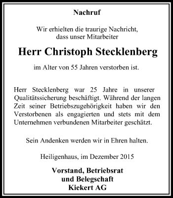 Traueranzeige von Christoph Stecklenberg von Stadtanzeiger Velbert + Heiligenhaus