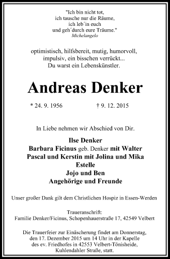 Traueranzeige von Andreas Denker von Stadtanzeiger Velbert + Heiligenhaus