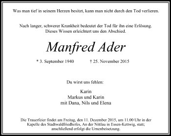 Traueranzeige von Manfred Ader von Stadtanzeiger Velbert + Heiligenhaus