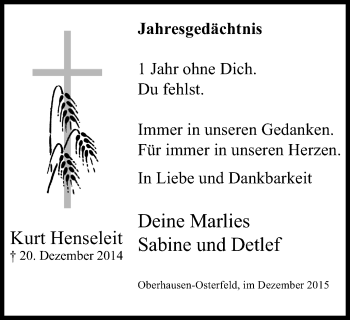 Traueranzeige von Kurt Henseleit von Wochen-Anzeiger Oberhausen