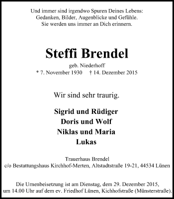 Traueranzeige von Steffi Brendel von Lüner Anzeiger