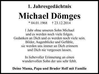 Traueranzeige von Michael Dömges von Wochen-Anzeiger Oberhausen