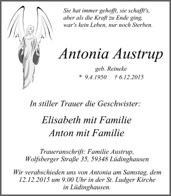Traueranzeige von Antonia Austrup von Lüner Anzeiger