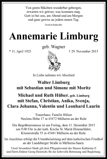 Traueranzeige von Annemarie Limburg von Mülheimer Woche