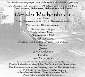 Traueranzeige von Ursula Ruthenbeck von Stadtspiegel Hattingen/Niedersprockhövel