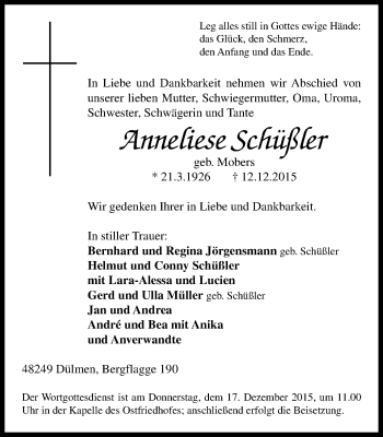 Traueranzeige von Anneliese Schüßler von Stadtspiegel Bottrop