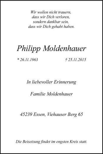 Traueranzeige von Philipp Moldenhauer von Werden Kurier