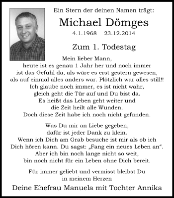 Traueranzeige von Michael Dömges von Wochen-Anzeiger Oberhausen