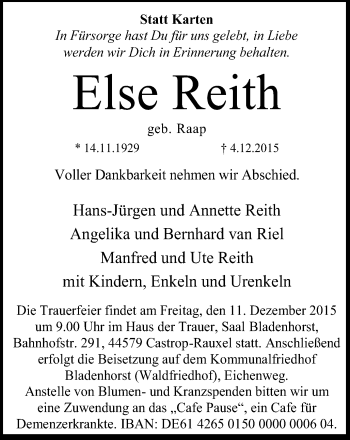 Traueranzeige von Else Reith von Stadtanz.Castrop-Rauxel