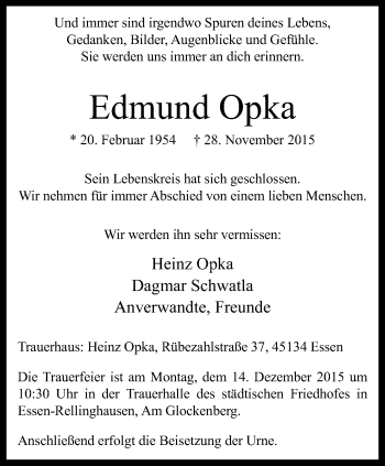 Traueranzeige von Edmund Opka von Süd Anzeiger Essen