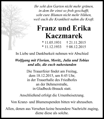Traueranzeige von Franz und Erika Kaczmarek von Stadtspiegel Gladbeck