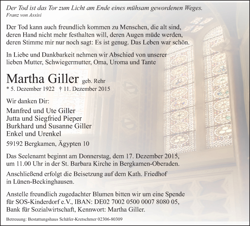 Traueranzeige für Martha Giller vom 16.12.2015 aus Stadtspiegel Kamen + Unna
