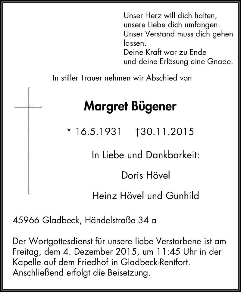  Traueranzeige für Margret Bügener vom 02.12.2015 aus Stadtspiegel Gladbeck