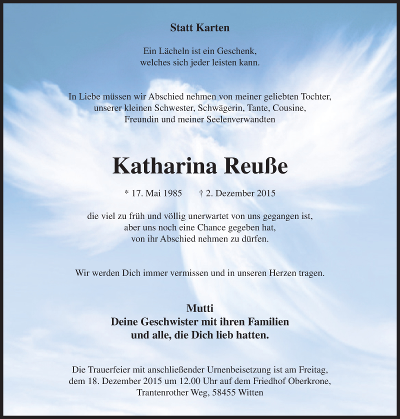  Traueranzeige für Katharina Reuße vom 12.12.2015 aus Witten aktuell