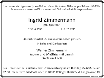 Traueranzeige von Ingrid Zimmermann von Mülheimer Woche