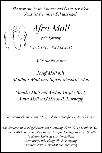 Traueranzeige von Afra Moll von Kettwig Kurier