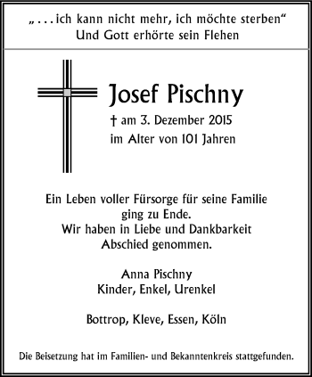 Traueranzeige von Josef Pischny von Stadtspiegel Bottrop