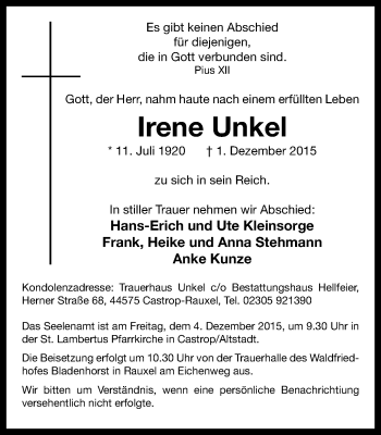 Traueranzeige von Irene Unkel von Stadtanz.Castrop-Rauxel