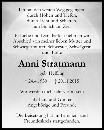Traueranzeige von Anni Stratmann von Wochen-Anzeiger Oberhausen