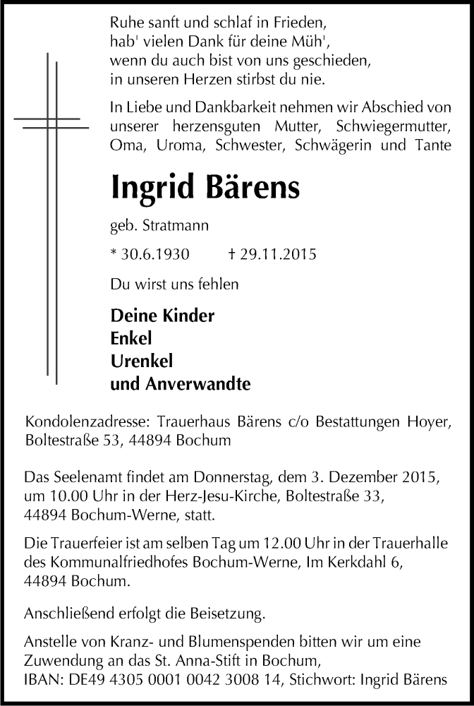  Traueranzeige für Ingrid Bärens vom 02.12.2015 aus Stadtspiegel Bochum