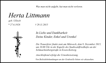 Traueranzeige von Herta Littmann von Kettwig Kurier