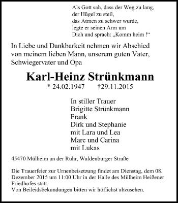 Traueranzeige von Karl-Heinz Strünkmann von Mülheimer Woche