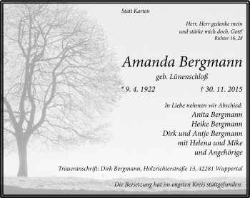 Traueranzeige von Amanda Bergmann von Stadtanzeiger Velbert + Heiligenhaus