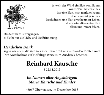 Traueranzeige von Reinhard Kausche von Wochen-Anzeiger Oberhausen