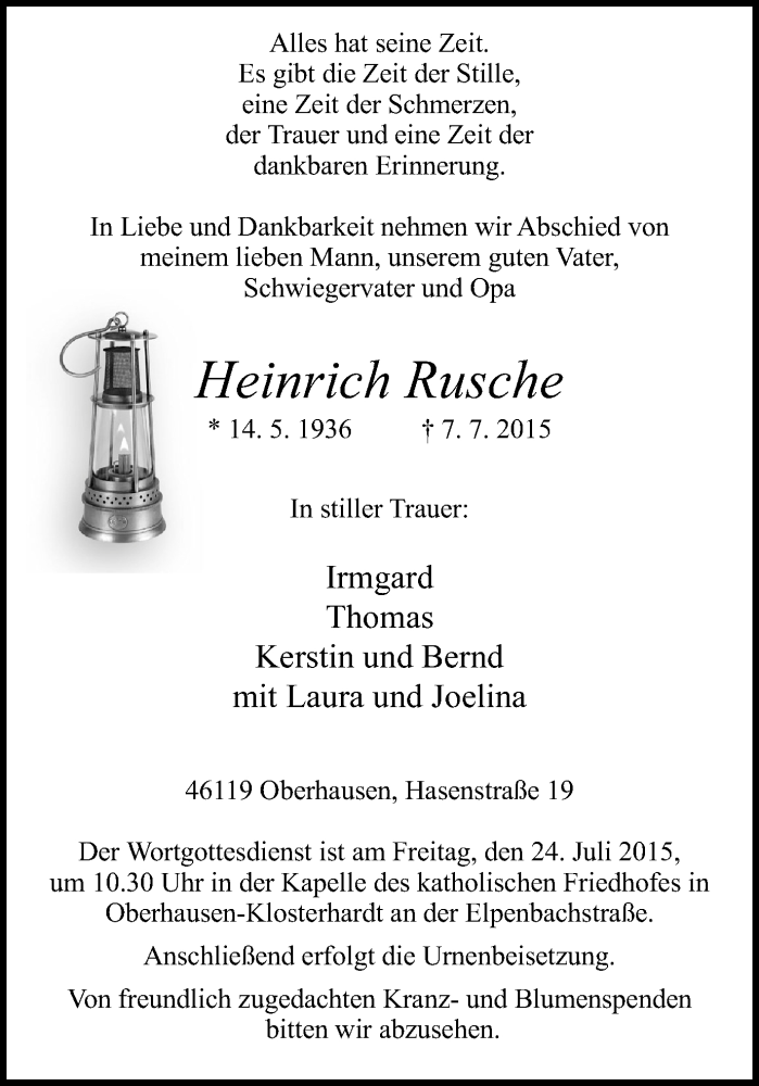  Traueranzeige für Heinrich Rusche vom 22.07.2015 aus Wochen-Anzeiger Oberhausen