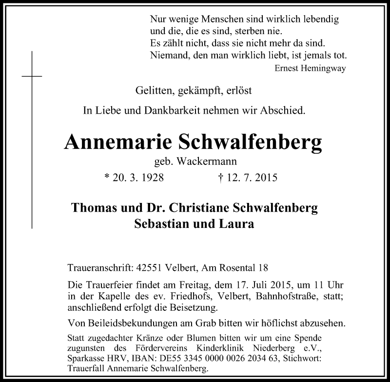  Traueranzeige für Annemarie Schwalfenberg vom 15.07.2015 aus Stadtanzeiger Velbert + Heiligenhaus