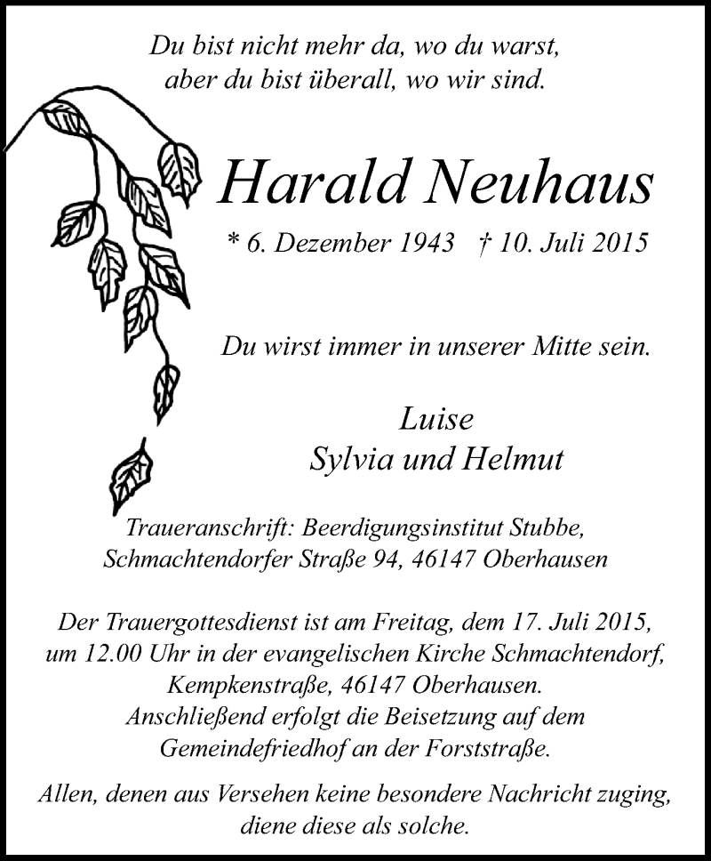  Traueranzeige für Harald Neuhaus vom 15.07.2015 aus Wochen-Anzeiger Oberhausen