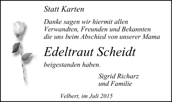 Traueranzeige von Edeltraut Scheidt von Stadtanzeiger Velbert + Heiligenhaus