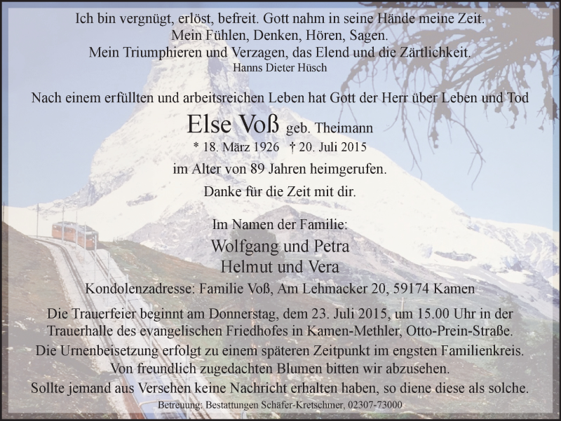  Traueranzeige für Else Voß vom 22.07.2015 aus Stadtspiegel Kamen + Unna