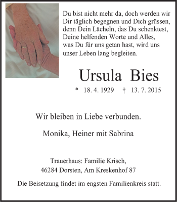 Traueranzeige von Ursula Bies von Stadtspiegel Bottrop