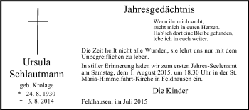 Traueranzeige von Ursula Schlautmann von Stadtspiegel Bottrop