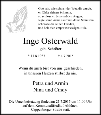 Traueranzeige von Inge Osterwald von Lüner Anzeiger
