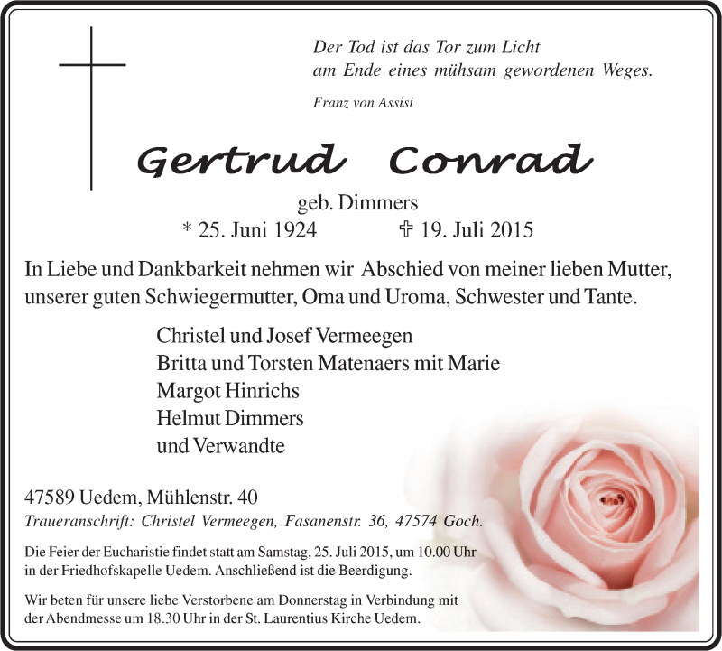 Traueranzeige für Gertrud Conrad vom 22.07.2015 aus Gocher Wochenblatt