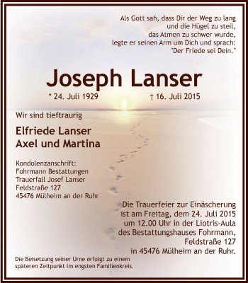 Traueranzeige von Joseph Lanser von Mülheimer Woche