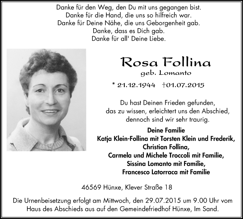  Traueranzeige für Rosa Follina vom 22.07.2015 aus Niederrhein-Anz. Dinsl./Voerde/Hünxe