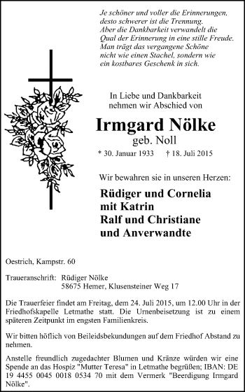 Traueranzeige von Irmgard Nölke von Stadtspiegel Iserlohn + Hemer