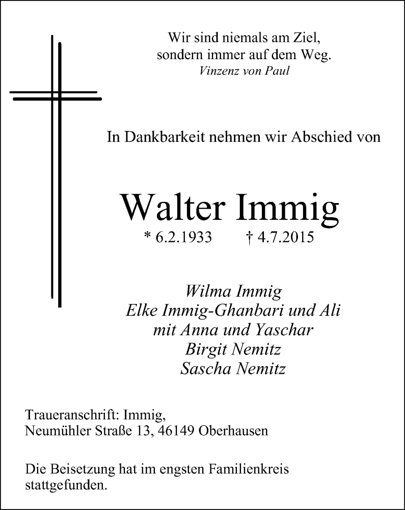  Traueranzeige für Walter Immig vom 15.07.2015 aus Wochen-Anzeiger Oberhausen